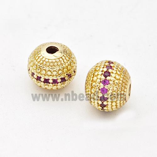 Copper Round Beads Micro Pave Fuchsia Zirconia Gold Plated