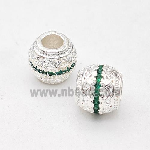 Copper Round Beads Micro Pave Green Zirconia Large Hole Shiny Silver