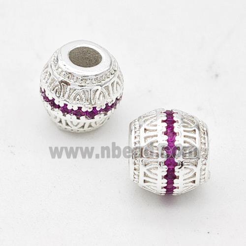 Copper Round Beads Micro Pave Fuchsia Zirconia Large Hole Shiny Silver