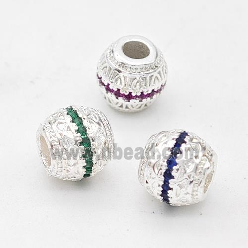 Copper Round Beads Micro Pave Zirconia Large Hole Shiny Silver Mixed