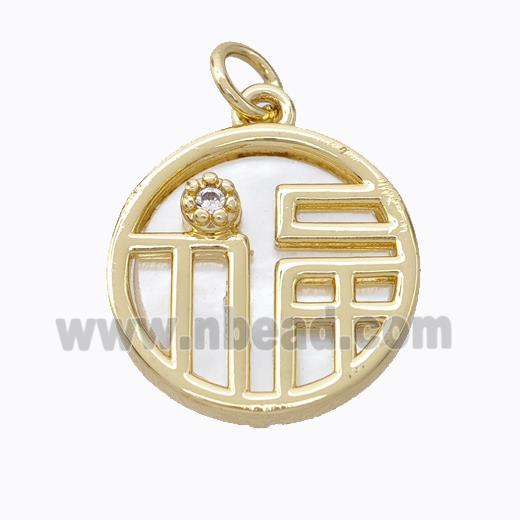 Copper Circle Pendant Pave Zirconia Shell Lucky Fu Gold Plated