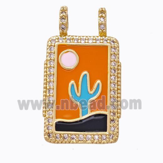 Copper Tarot Card Pendant Pave Zirconia Moon Cactus Orange Enamel Gold Plated