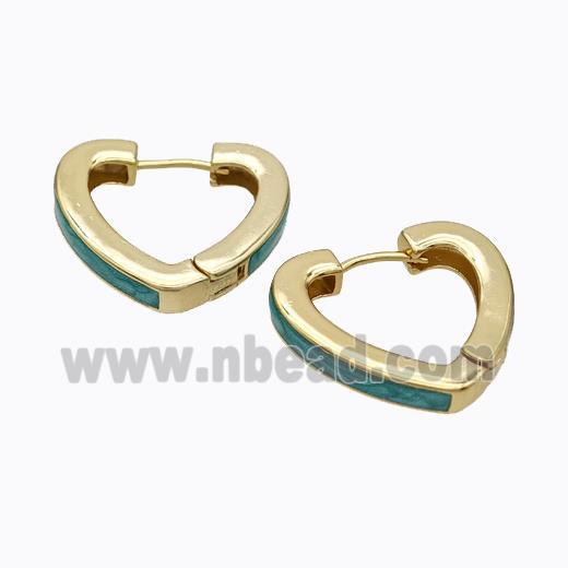 Copper Heart Latchback Earrings Green Painted Gold Plated