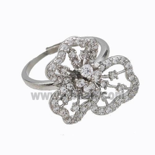 Copper Flower Rings Micropave Zirconia Adjustable Platinum Plated