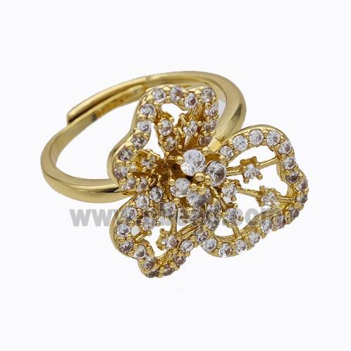 Copper Flower Rings Micropave Zirconia Adjustable Gold Plated