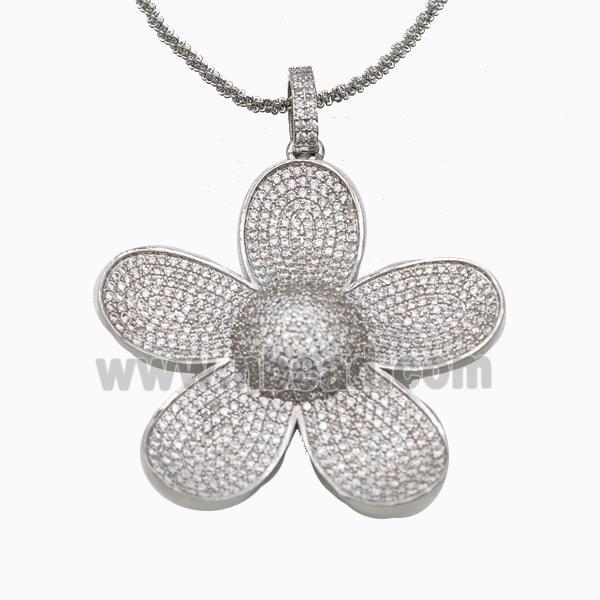 Copper Flower Necklace Pave Zirconia Platinum Plated