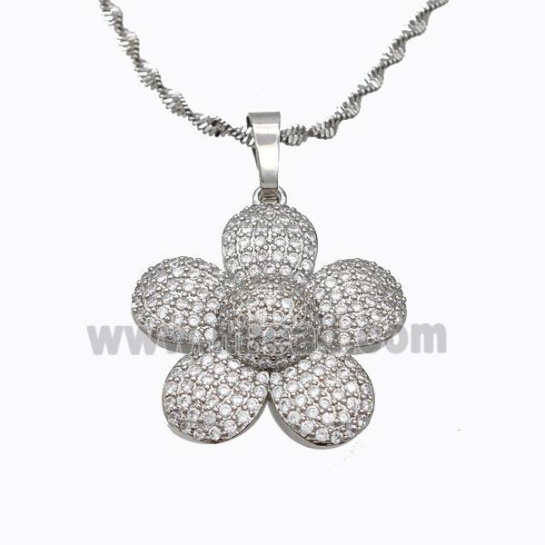 Copper Flower Necklace Pave Zirconia Platinum Plated