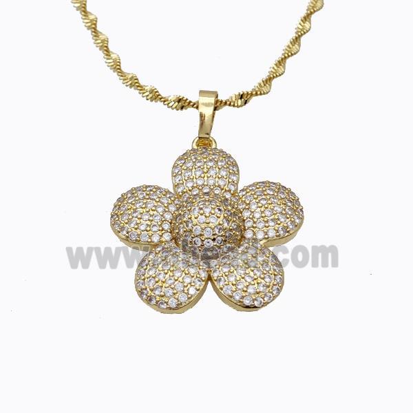 Copper Flower Necklace Pave Zirconia Gold Plated