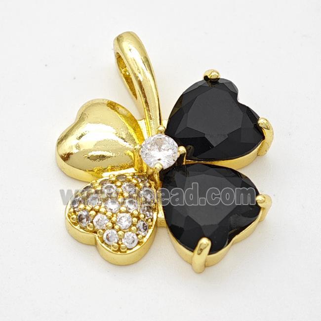 Copper Clover Pendant Pave Zirconia Black Crystal Glass Gold Plated