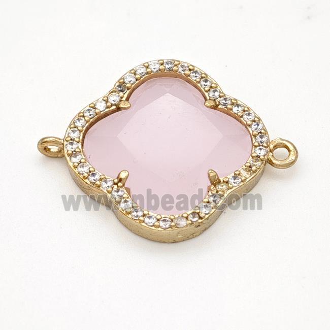 Pink Jadeite Glass Copper Clover Connector Pave Zirconia Gold Plated