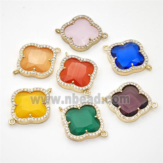 Glass Copper Clover Connector Pave Zirconia Gold Plated Mixed