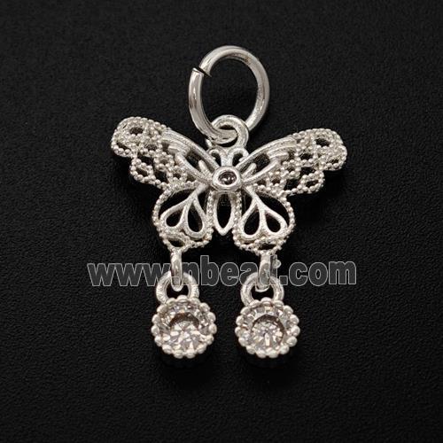 Copper Butterfly Pendant Pave Zirconia Shiny Silver