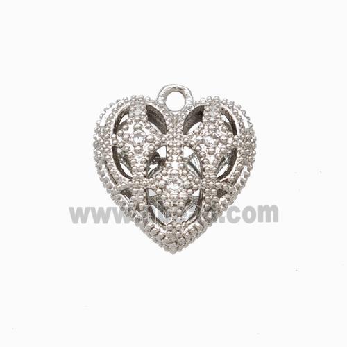 Copper Heart Pendant Micropave Zirconia Hollow Platinum Plated