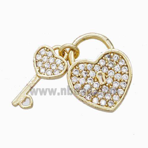 Copper Heart Lock And Key Pendant Micropave Zirconia Gold Plated