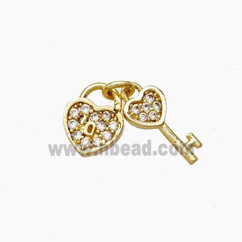 Copper Heart Lock And Key Pendant Micropave Zirconia Gold Plated