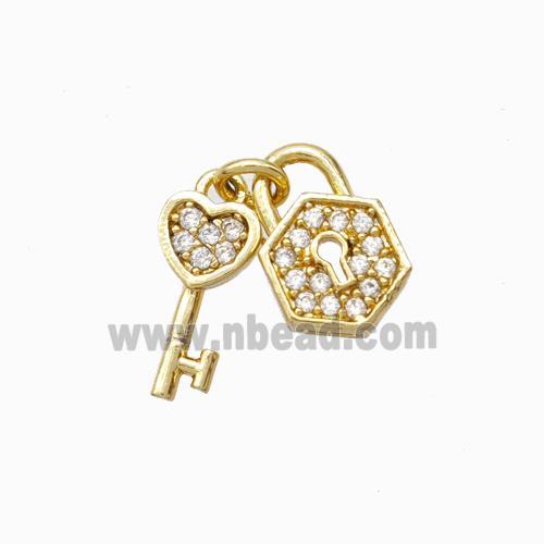 Copper Lock And Key Pendant Micropave Zirconia Gold Plated