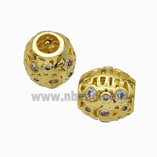 Copper Barrel Beads Micropave Zirconia Large Hole Gold Plated