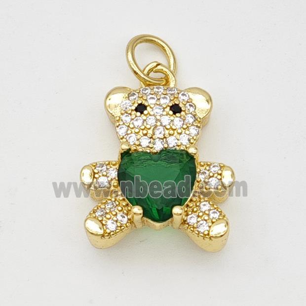 Copper Bear Pendant Micropave Zirconia Green Crystal Glass Gold Plated