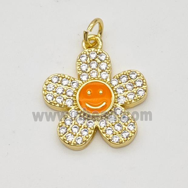 Copper Sunflower Pendant Pave Zircoina Orange Enamel Smileface Gold Plated