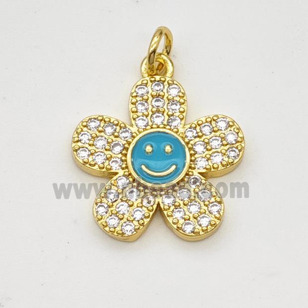 Copper Sunflower Pendant Pave Zircoina Teal Enamel Smileface Gold Plated