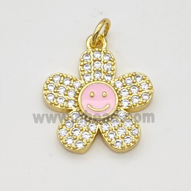 Copper Sunflower Pendant Pave Zircoina Pink Enamel Smileface Gold Plated