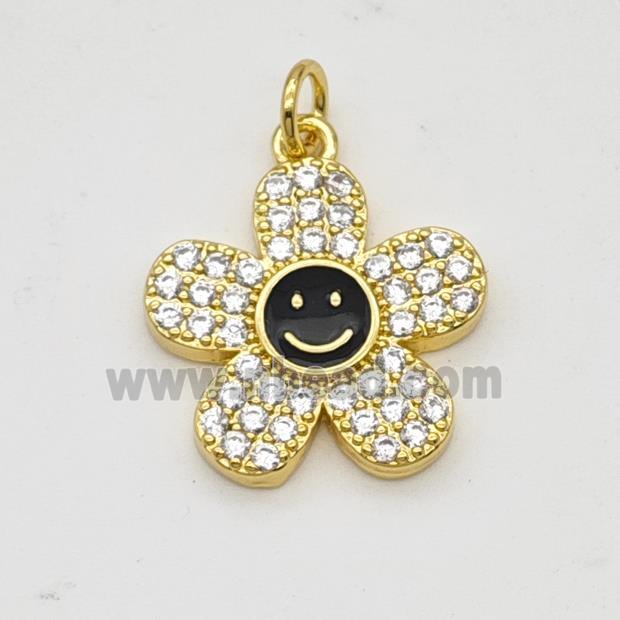 Copper Sunflower Pendant Pave Zircoina Black Enamel Smileface Gold Plated