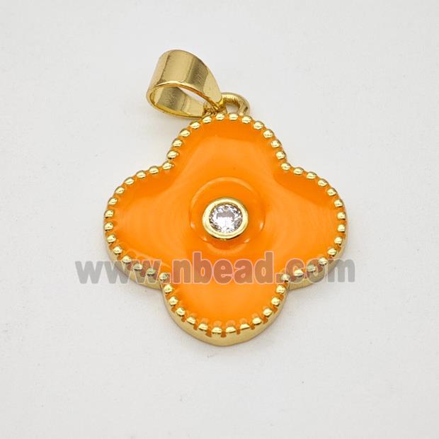 Copper Clover Pendant Orange Enamel Gold Plated