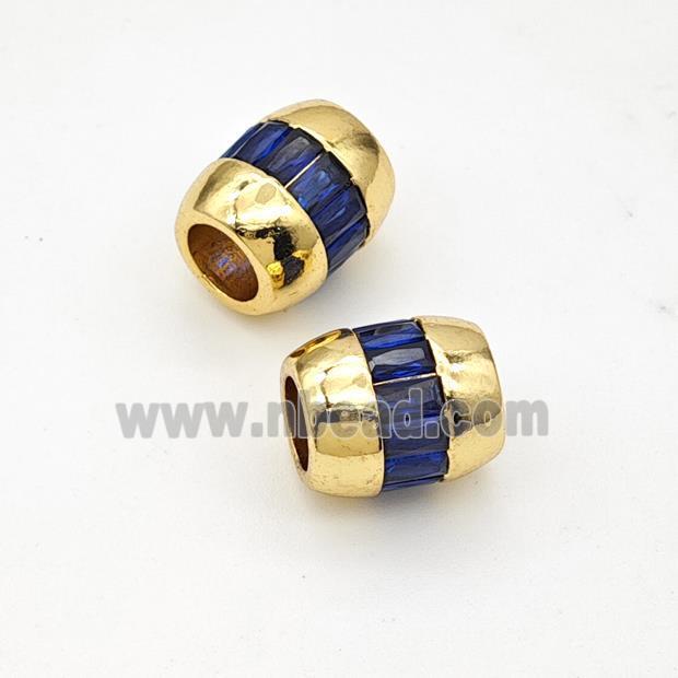 Copper Barrel Beads Micropave Blue Zirconia Large Hole Gold Plated