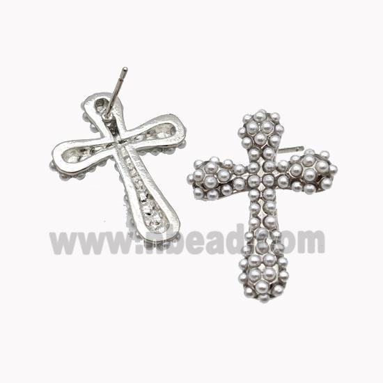 Copper Cross Stud Earrings Micropave Pearlized Resin Platinum Plated