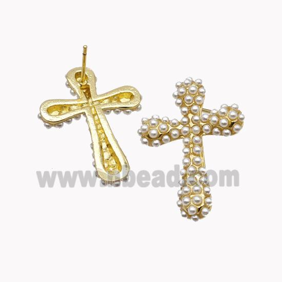 Copper Cross Stud Earrings Micropave Pearlized Resin Gold Plated