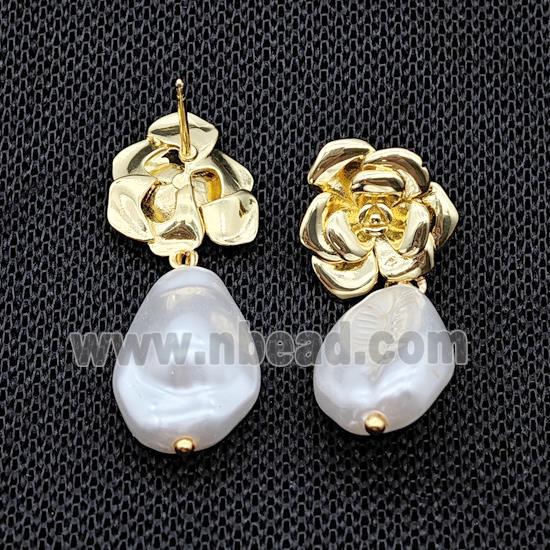 Copper Flower Stud Earrings With Pearlized Resin Gold Plated