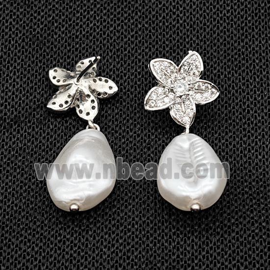 Copper Flower Stud Earrings With Pearlized Resin Platinum Plated