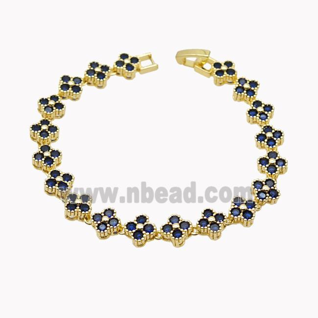 Copper Clover Bracelet Pave Blue Zirconia Gold Plated