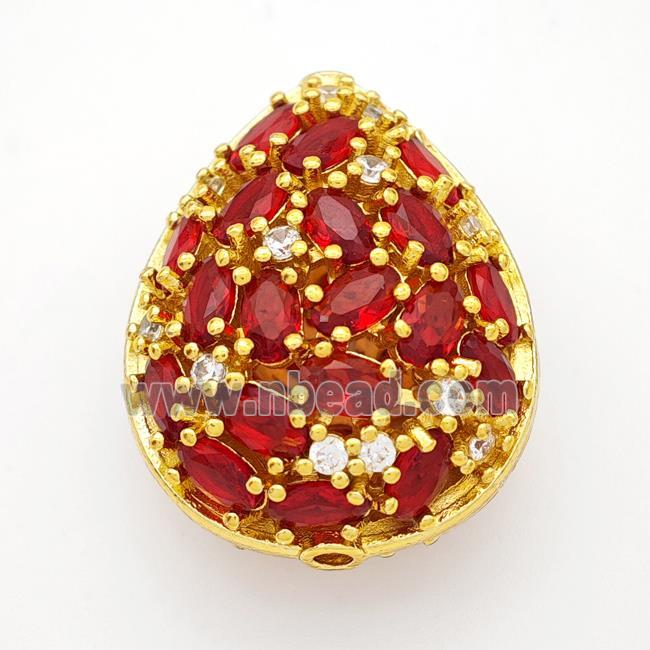 Copper Teardrop Beads Micropave Red Crystal Glass Gold Plated