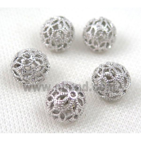 round copper beads pave zircon, platinum plated