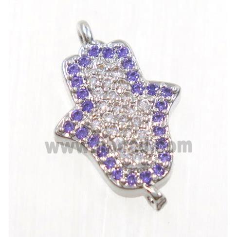 copper hamsahand connector pave zircon, platinum plated