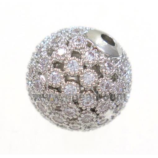 copper bead paved zircon, round, platinum plated