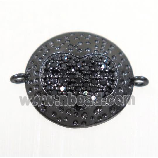 copper button heart connector paved zircon, black plated