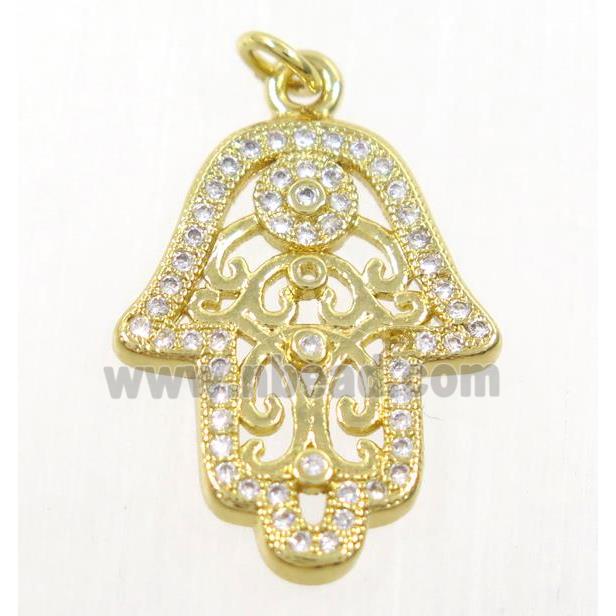 copper hamsahand pendant paved zircon, gold plated