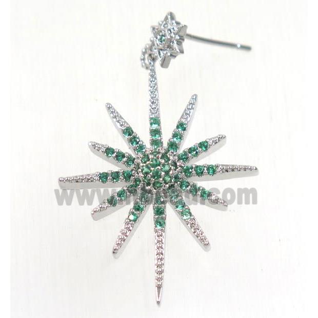 copper northstar earring studs paved green zircon, platinum plated