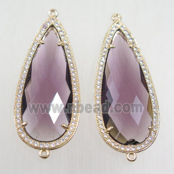 copper teardrop connector paved zircon with purple crystal glass, gold plated