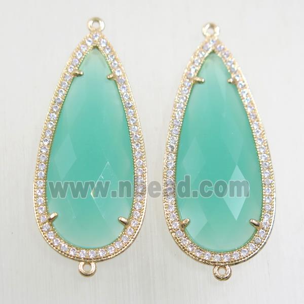 copper teardrop connector paved zircon with green crystal glass, gold plated