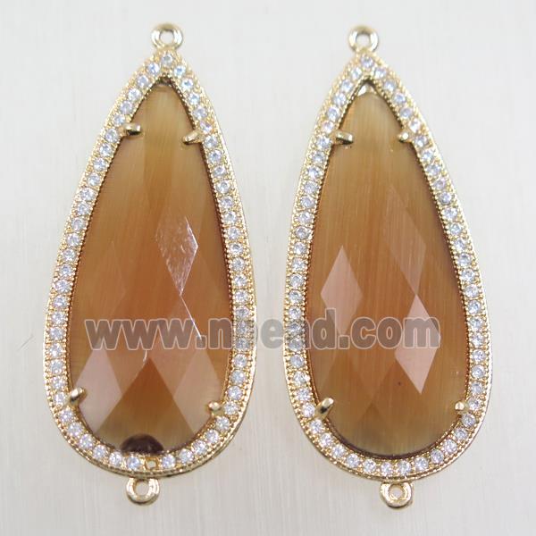 copper teardrop connector paved zircon with brown crystal glass, gold plated