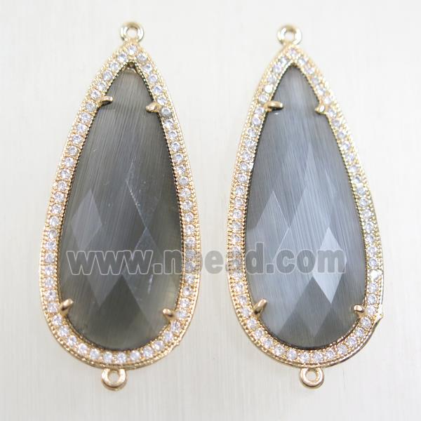 copper teardrop connector paved zircon with gray crystal glass, gold plated