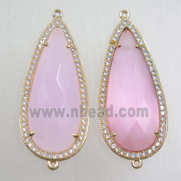 copper teardrop connector paved zircon with pink crystal glass, gold plated