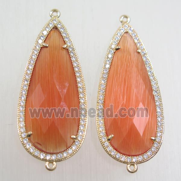 copper teardrop connector paved zircon with orange crystal glass, gold plated