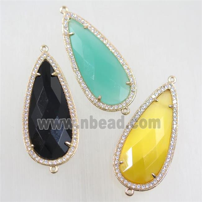 copper teardrop connector paved zircon with crystal glass, gold plated, mix color