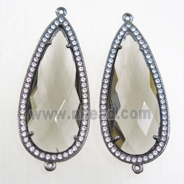 copper teardrop connector paved zircon with smoky crystal glass, black plated