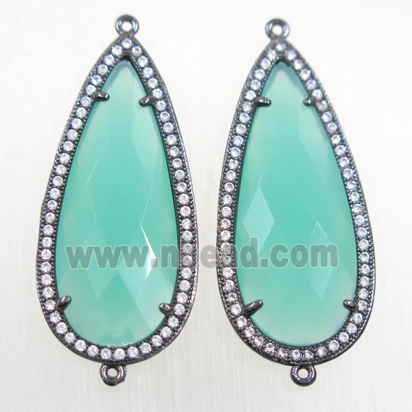 copper teardrop connector paved zircon with green crystal glass, black plated