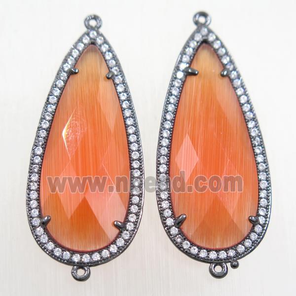 copper teardrop connector paved zircon with orange crystal glass, black plated